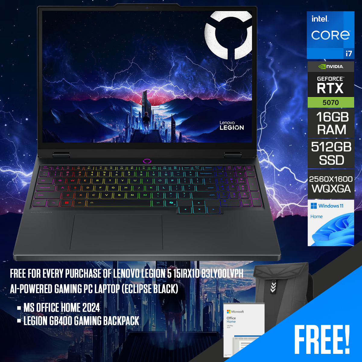 Lenovo Legion 5 15IRX10 83LY00LVPH AI-Powered Gaming PC Laptop (Eclipse Black) | DataBlitz