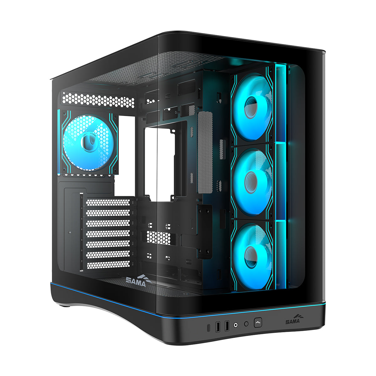 Sama V62S Mid-Tower Curved Panoramic TG Panel PC Case with 4x Pre-Installed ARGB Infinity Fans