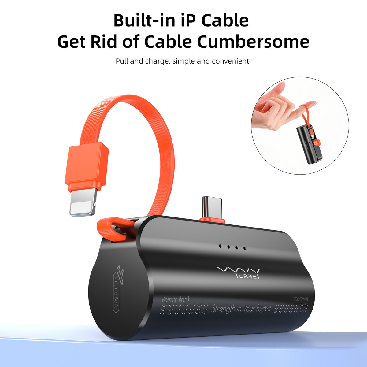 Vyvylabs Q12 Capsule Power Bank 5000mAh Type-C with iP Cable and Stand