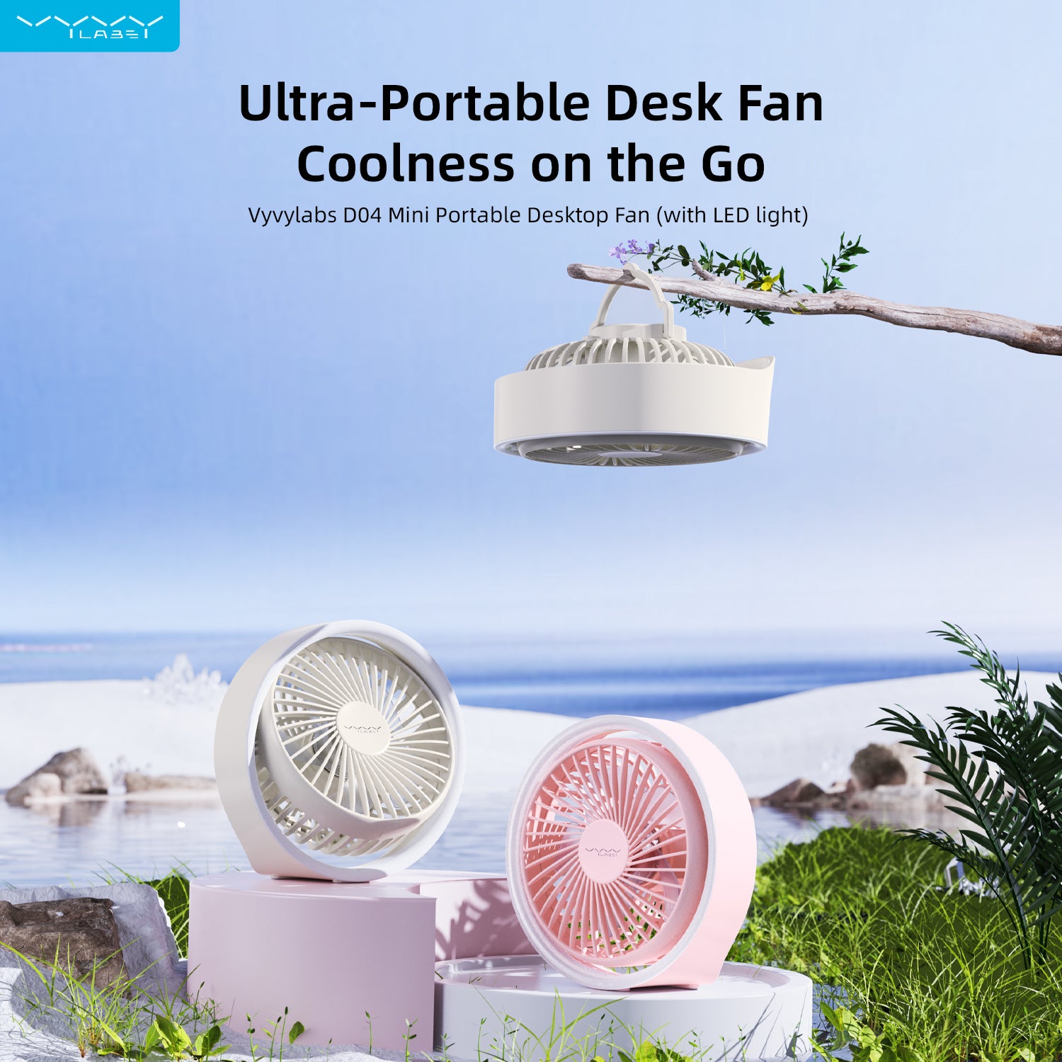 Vyvylabs D04 Mini Portable Desktop Fan with Led Light (White, Pink)