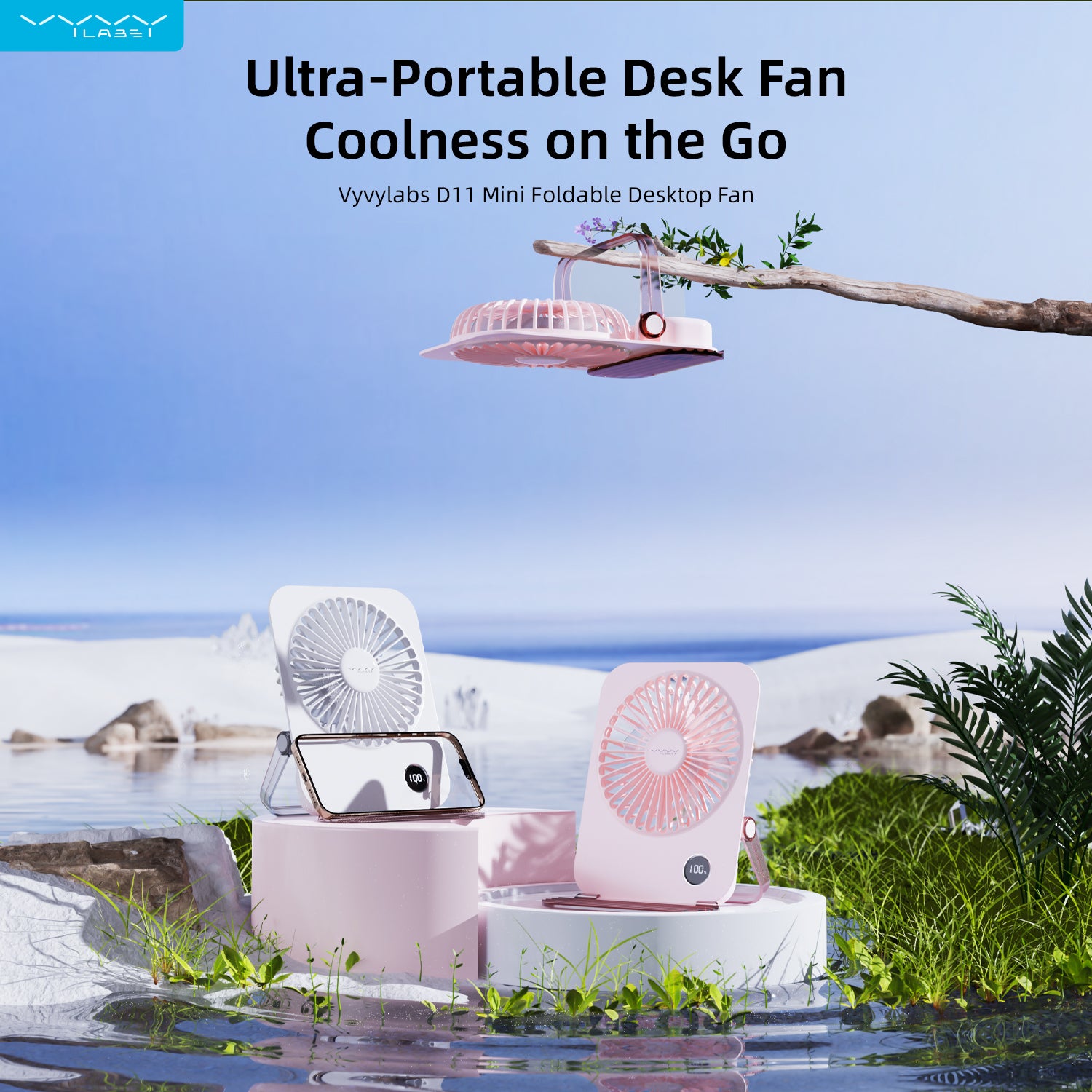 Vyvylabs D11 Mini Foldable Desktop Fan (White, Pink)