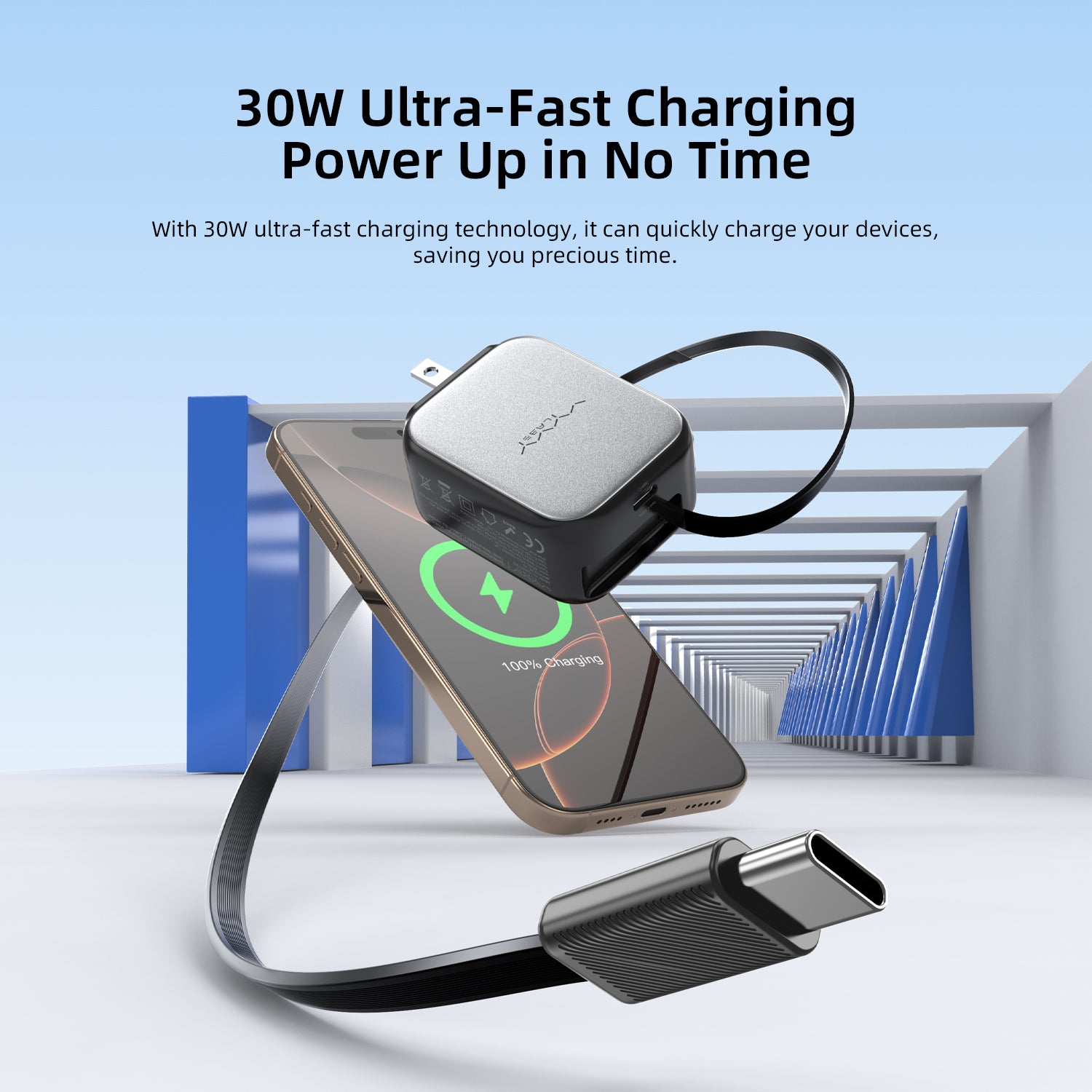 Vyvylabs Swiftshine GaN Fast Charger 30W C with Retractable C Cable