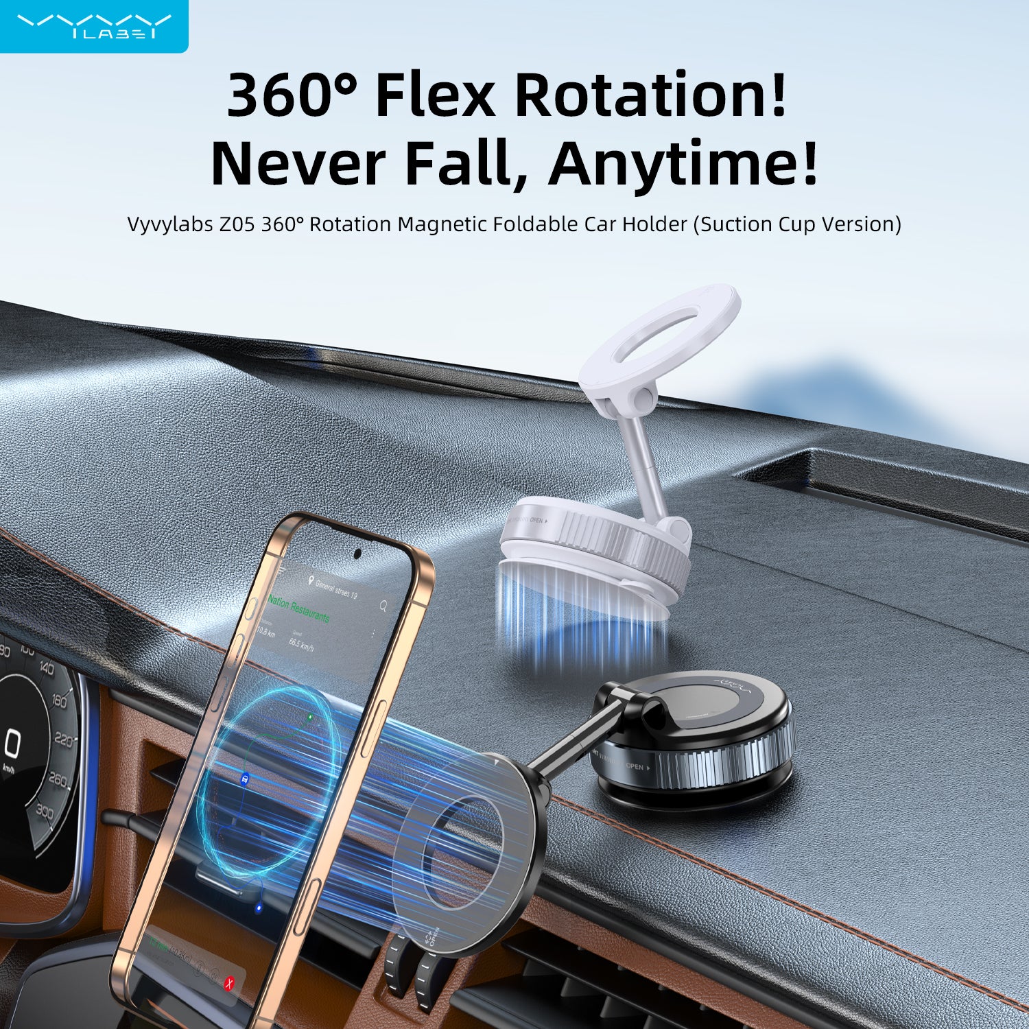 Vyvylabs Z05 360 Degrees Rotation Magnetic Car Holder Suction Cup Ver