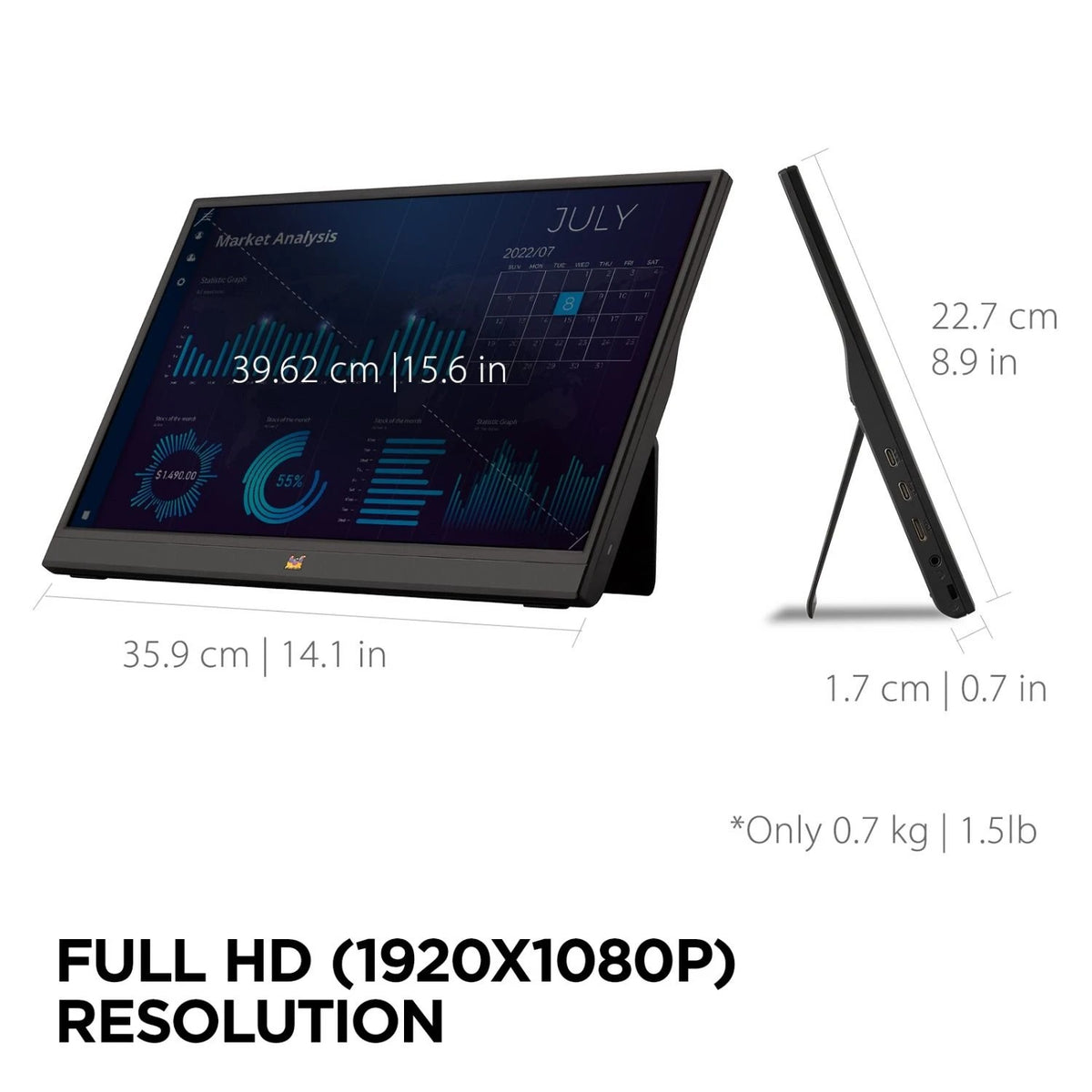 Viewsonic VA1655 15.6" FHD IPS 60Hz Portable Monitor w/ USB-C and Mini HDMI