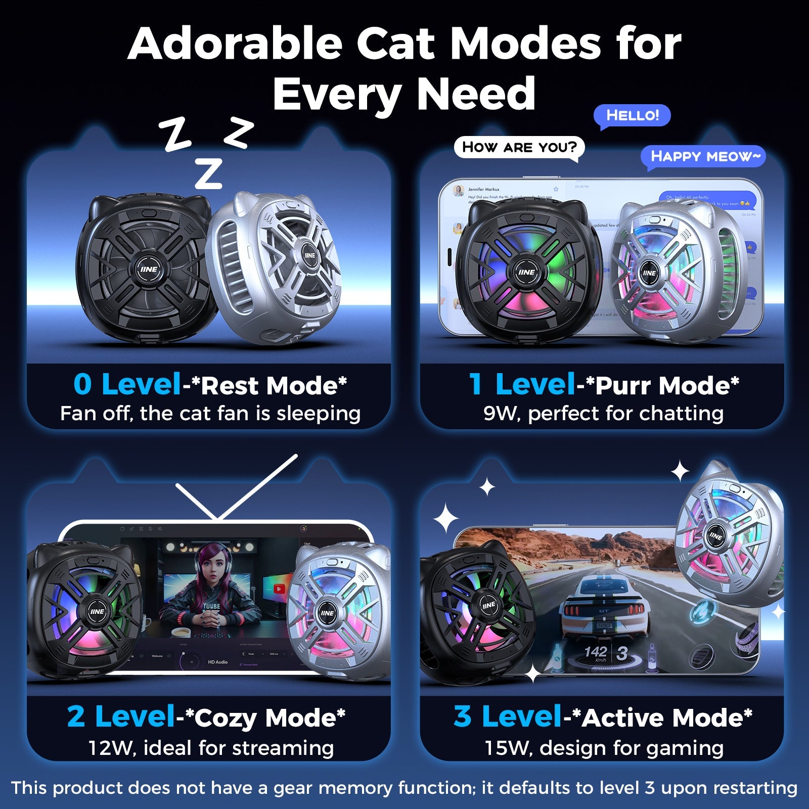 IINE Chill Meow Magnetic RGB Cooling Fan (Black, Silver)