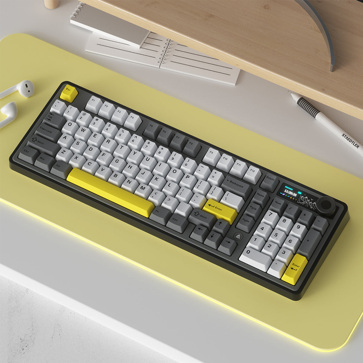 Ajazz AK980 RGB Tri-Mode 98% 97-Keys Gasket-Mounted Hot-Swappable Mechanical Keyboard with 1.14" TFT Display Screen & Knob (Black/Grey/Yellow)