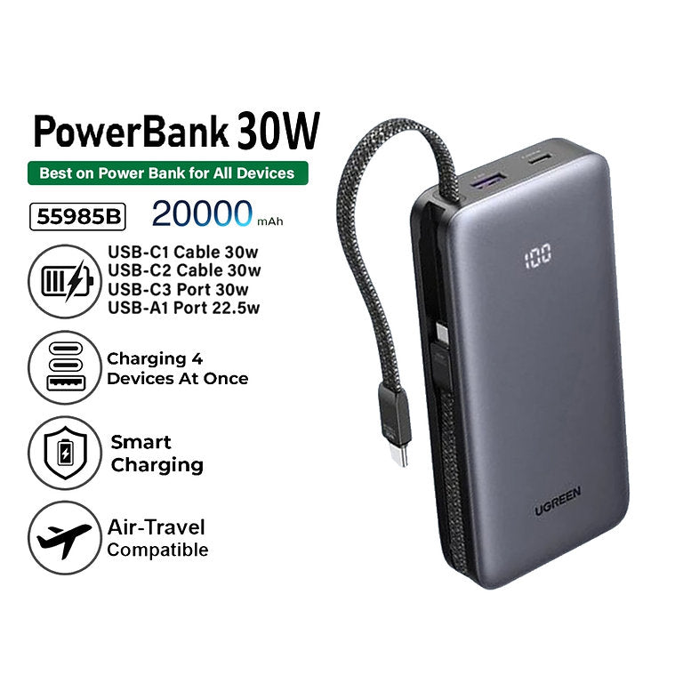 Ugreen 20000mAh 30W Power Bank with Built-in Cable (PB528/55985B)