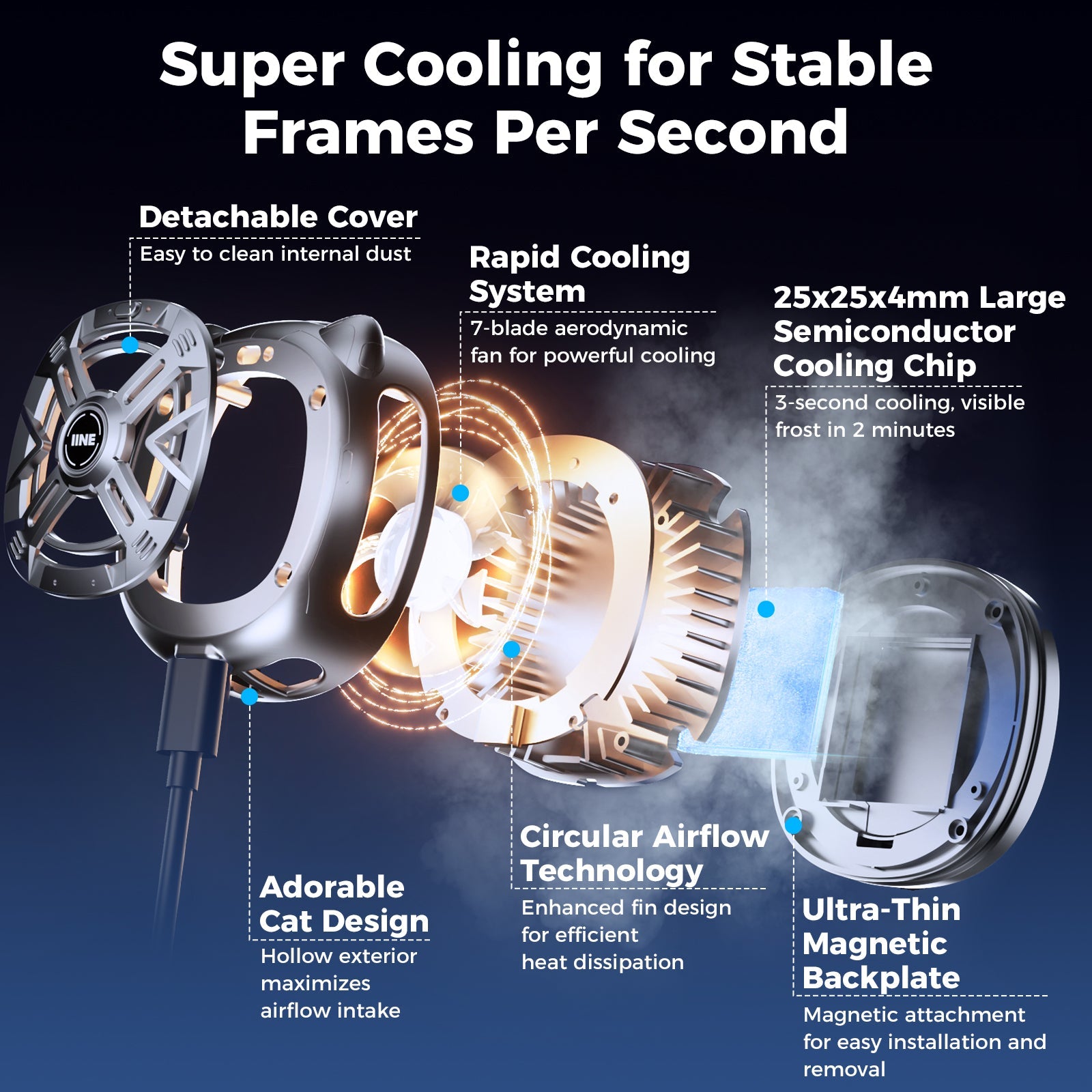 IINE Chill Meow Magnetic RGB Cooling Fan (Black, Silver)