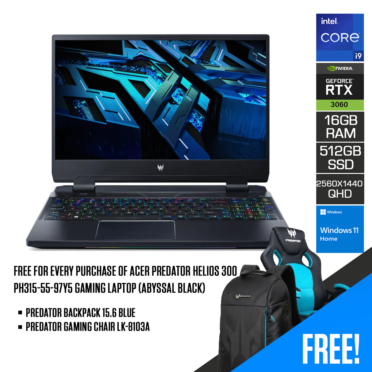 Acer Predator Helios 300 PH315-55-97Y5 Gaming Laptop (Abyssal Black) | 15.6” QHD | i9-12900H | 16 GB RAM DDR5 | 512 GB SSD | RTX 3060 | Windows 11 Home | Predator Backpack 15.6 Blue | Predator Gaming Chair LK-8103A