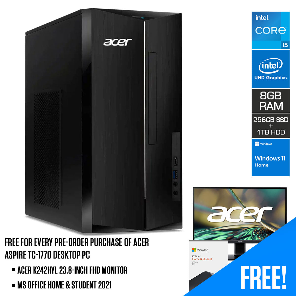 Acer Aspire TC-1770 13TH Gen Desktop | i5-13400 | 8GB RAM | 256GB  Solid-State Drive | 1TB Hard Drive | Intel UHD Graphics | Windows 11 Home |  MS