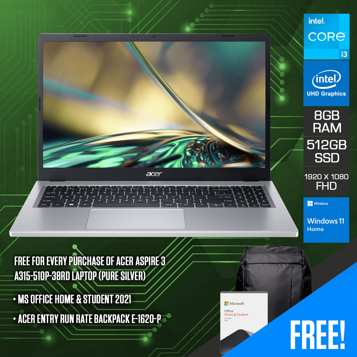 Acer Aspire 3 A315-510P-38RD Laptop (Pure Silver) | 15.6” FHD (1920 x 1080) | i3-N305 | 8GB RAM | 512GB SSD | Intel UHD Graphics | Windows 11 Home | Acer Entry Run Rate Backpack E-1620-P
