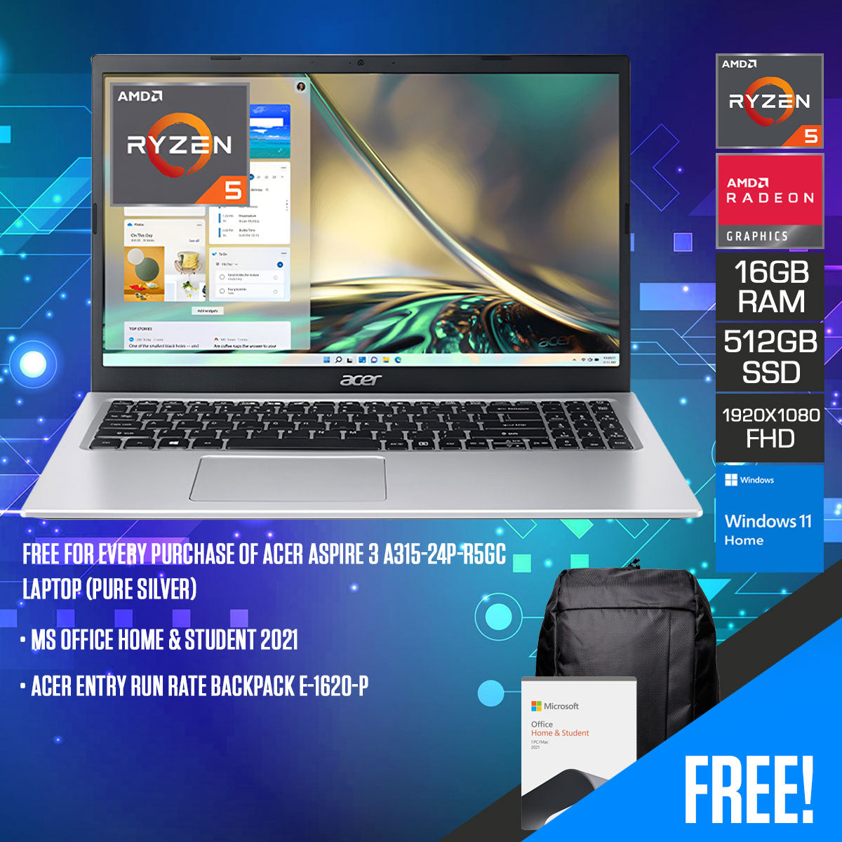 Acer Aspire A315-24P-R5GC Laptop (Pure Silver) FHD IPS  (1920x1080) Ryzen 7520U 16GB RAM 512GB SSD AMD Radeon Graphics  Windows 11