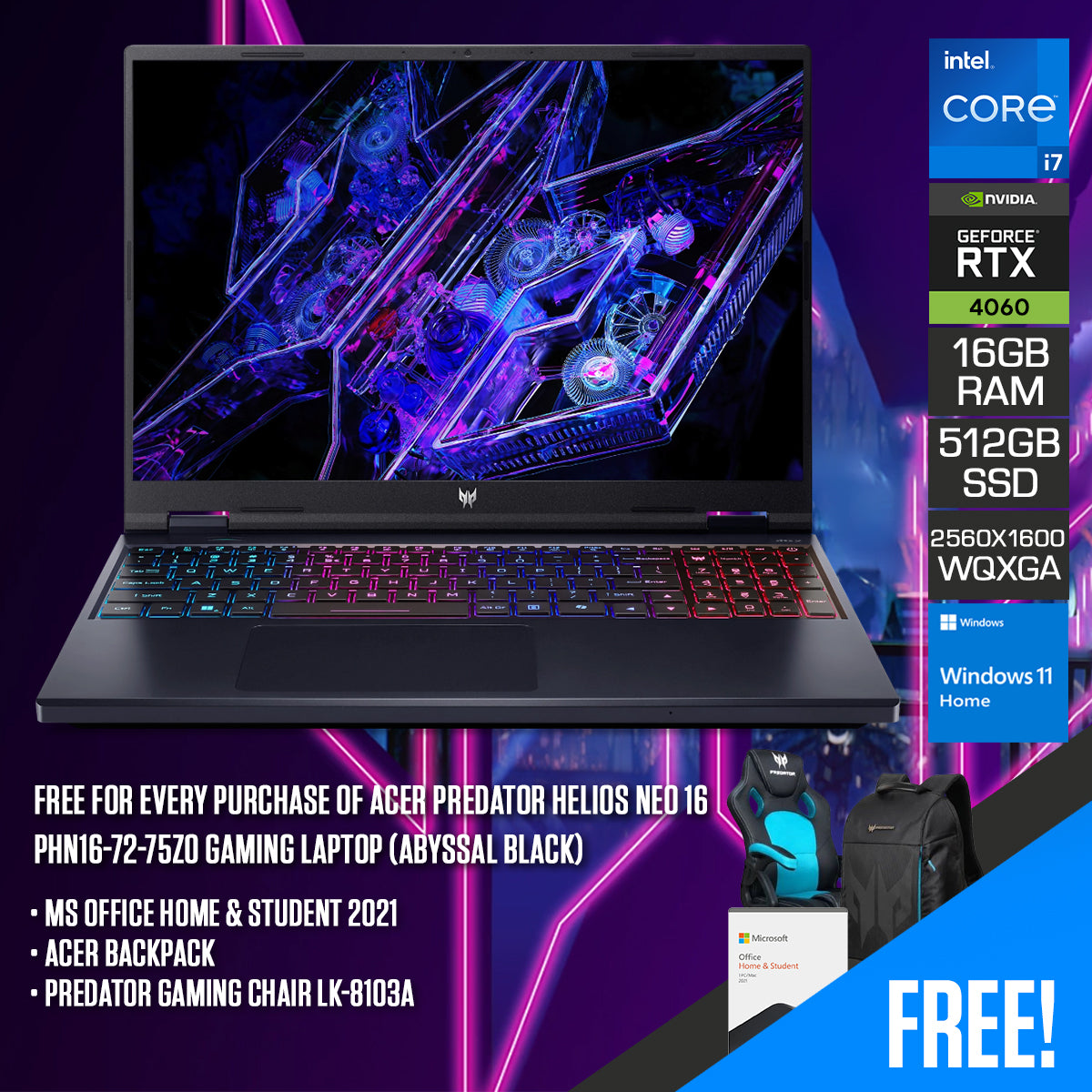 Acer Predator Helios Neo 16 PHN16-72-75Z0 Gaming Laptop (Abyssal Black) | 16" WQXGA (2560x1600) IPS 165Hz | i7-14700HX | 16GB RAM | 512GB SSD | RTX 4060 | Windows 11 Home | MS Office Home & Student 2021 | Acer Backpack | Predator Gaming Chair LK-8103A