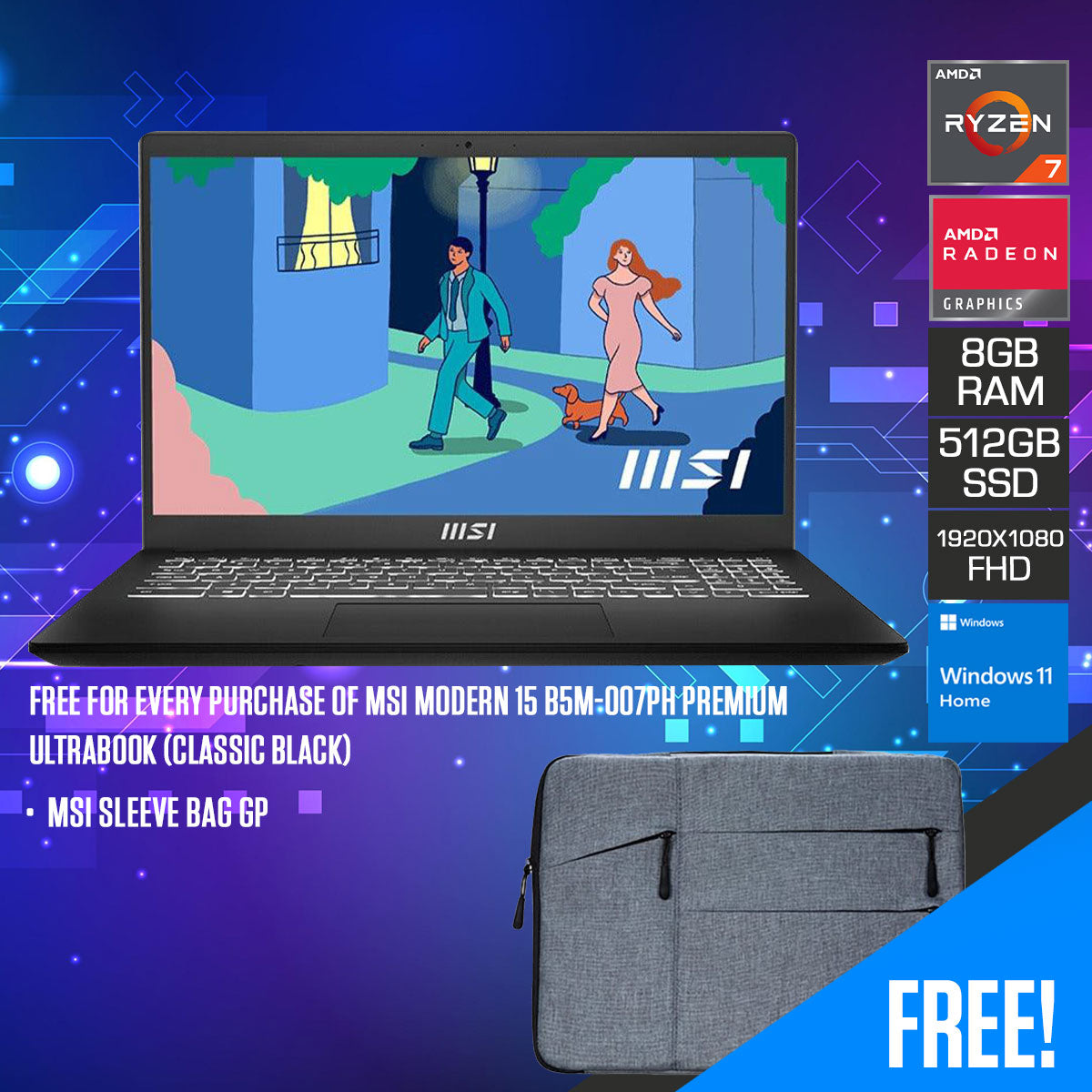 MSI Modern 15 B5M-007PH Premium Ultrabook (Classic Black) FHD  FHD Ryzen 5825U 8GB DDR4 512 GB SSD AMD Radeon Graphics 