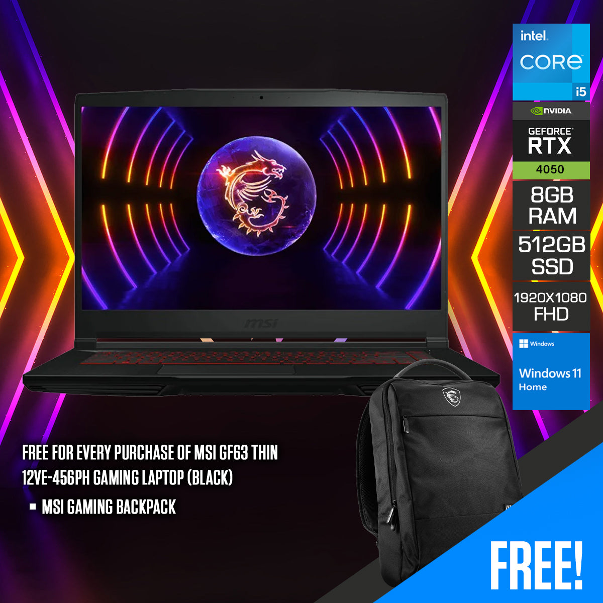 MSI GF63 Thin 12VE-456PH Gaming Laptop (Black) | 15.6" FHD (1920x1080) 144Hz IPS | i5-12450H | 8GB RAM | 512GB SSD | RTX 4050 | Windows 11 Home | MSI Gaming Backpack