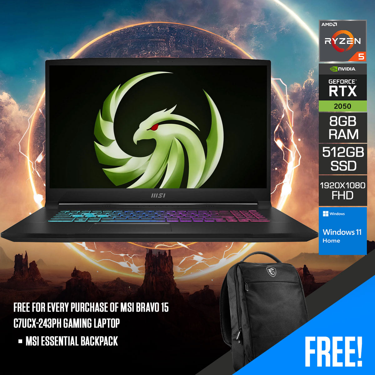 MSI Bravo 15 C7UCX-243PH Gaming Laptop (Black) | 15.6" FHD (1920X1080) 144HZ | R5-7535HS | 8GB RAM | 512GB SSD | RTX 2050 | Windows 11 | MSI Essential Backpack