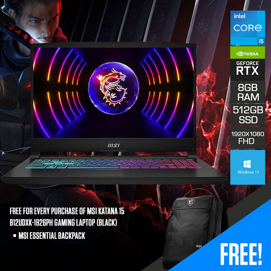 MSI Katana 15 B12UDXK-1826PH Gaming Laptop (Black) | 15.6" FHD (1920x1080) IPS 144Hz | i5-12450H | 8GB RAM | 512GB SSD | RTX 3050 | Windows 11 | MSI Essential Backpack