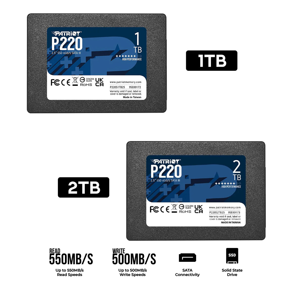 Patriot P220 2.5" 550MB/s Read/ 500MB/s Write SATA III SSD (1TB, 2TB)