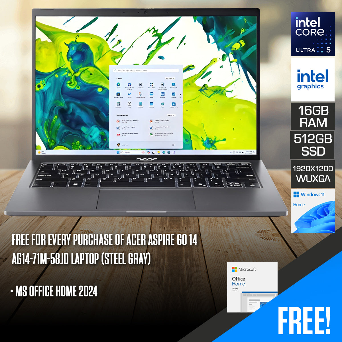 Acer Aspire Go 14 AG14-71M-58JD Laptop (Steel Gray) | 14" WUXGA (1920x1200) IPS | Core Ultra 5 115U | 16GB RAM | 512GB SSD | Intel Graphics | Windows 11 Home | MS Office Home 2024