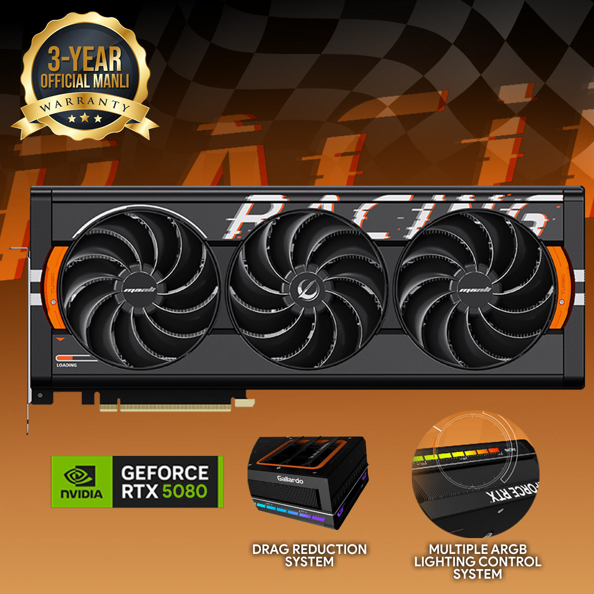 Manli Gallardo GeForce RTX 5080 OC 16GB GDDR7 Triple Cooler RGB Graphics Card (M-N508GO/D716G-M3628)