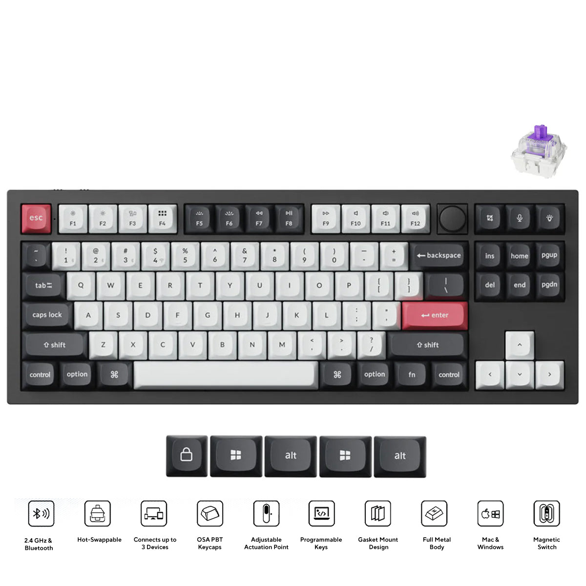 Keychron Q3 HE QMK TKL Fully Assembled Knob RGB Backlight Hot-Swappable Wireless Magnetic Switch Keyboard - Carbon Black (Gateron Double-Rail Magnetic Nebula Switch) (Q3H-M1)
