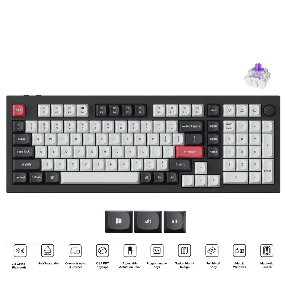 Keychron Q5 HE QMK 96% Fully Assembled Knob RGB Backlight Hot-Swappable Wireless Magnetic Switch Keyboard - Carbon Black (Gateron Double-Rail Magnetic Nebula Switch) (Q5H-M1)