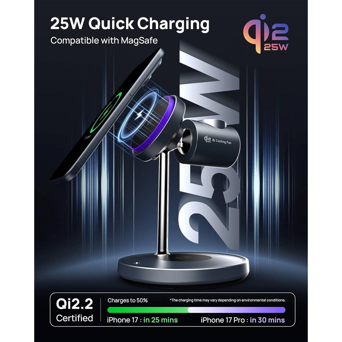 SODI T13W Qi2 25W 3-in-1 Wireless Charger with Silent Cooling Fan