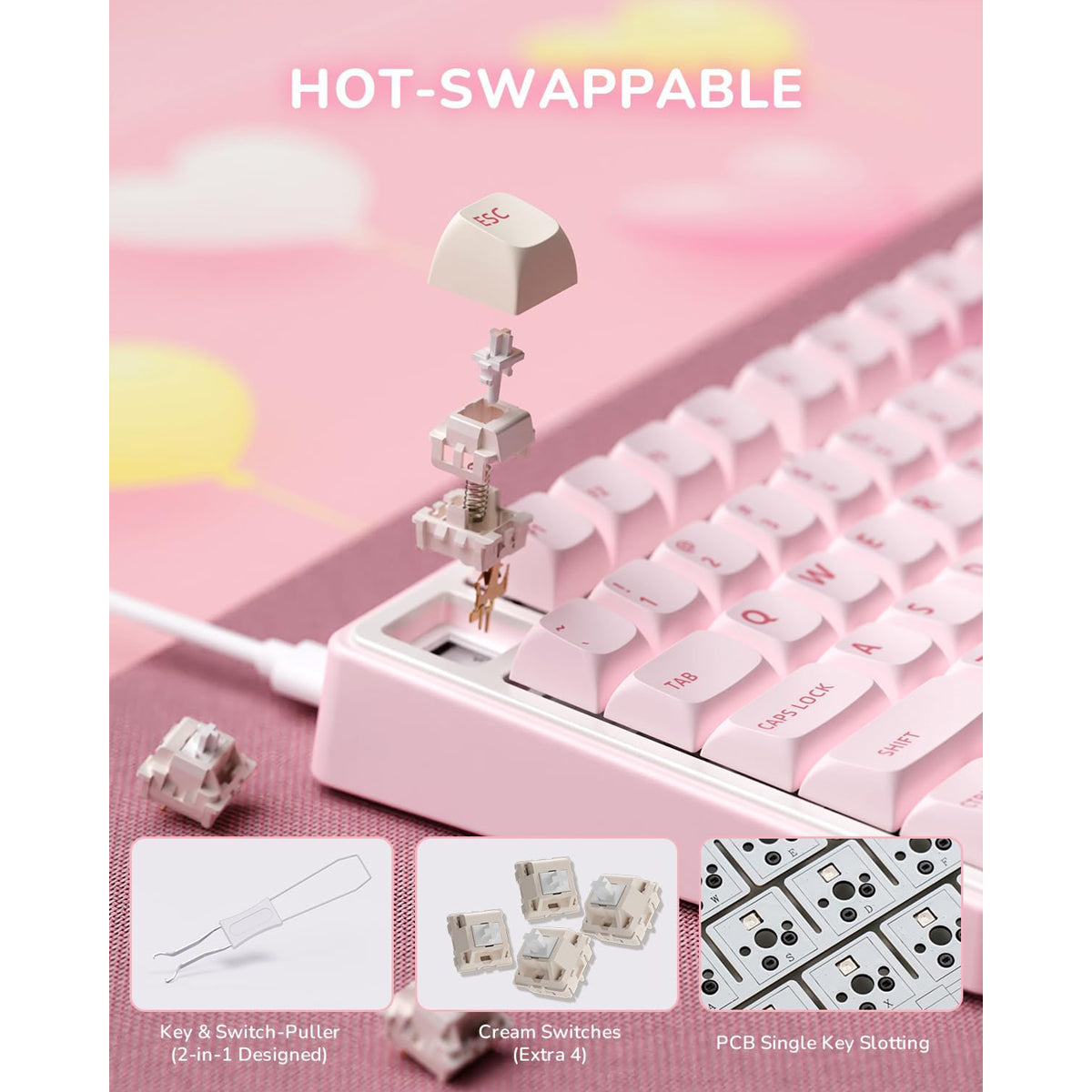 Royal Kludge R75 QMK Single-Mode RGB 81 Keys Hot-Swappable Mechanical Keyboard Pink Melody