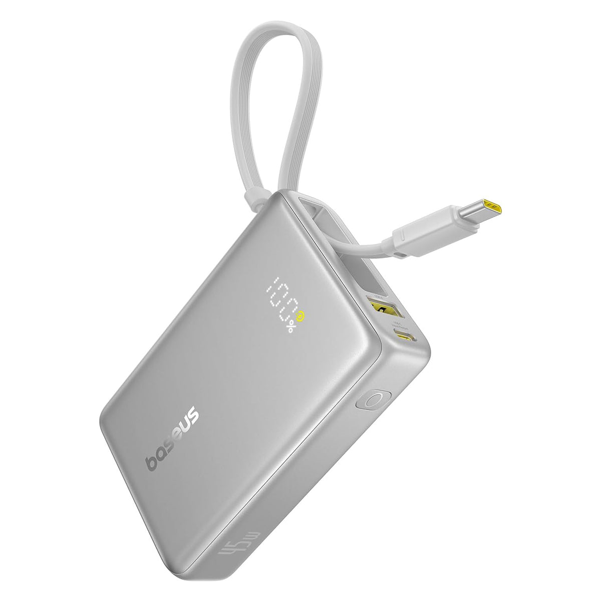 Baseus PicoGo Digital Display Power Bank 10000mAh 45W with Built-in USB-C Cable (Galaxy Natural Titanium, Moon White)