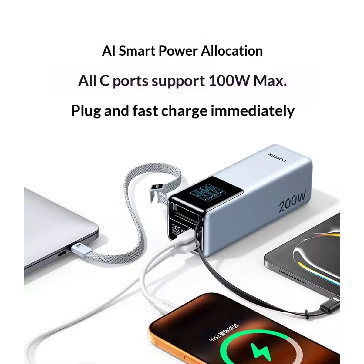 Ugreen 25000mAh 200W Power Bank with Built-in Cable (Light Blue)