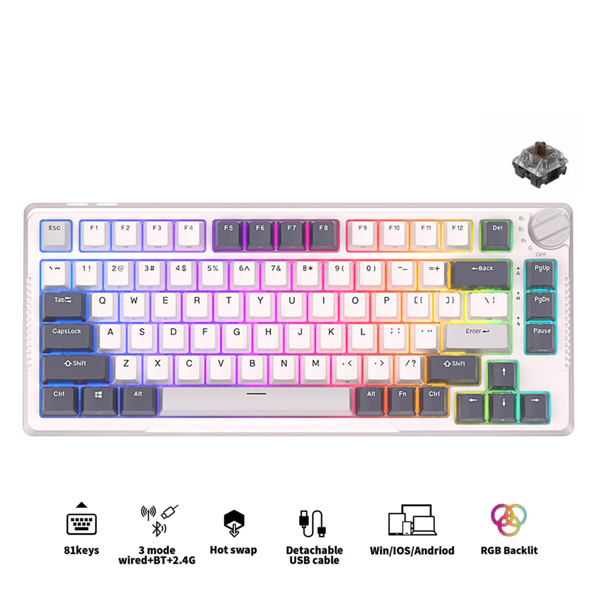 Royal Kludge RK-H81 Tri-Mode RGB 81 Keys Hot Swappable Mechanical Keyboard White Night (Brown Switch)
