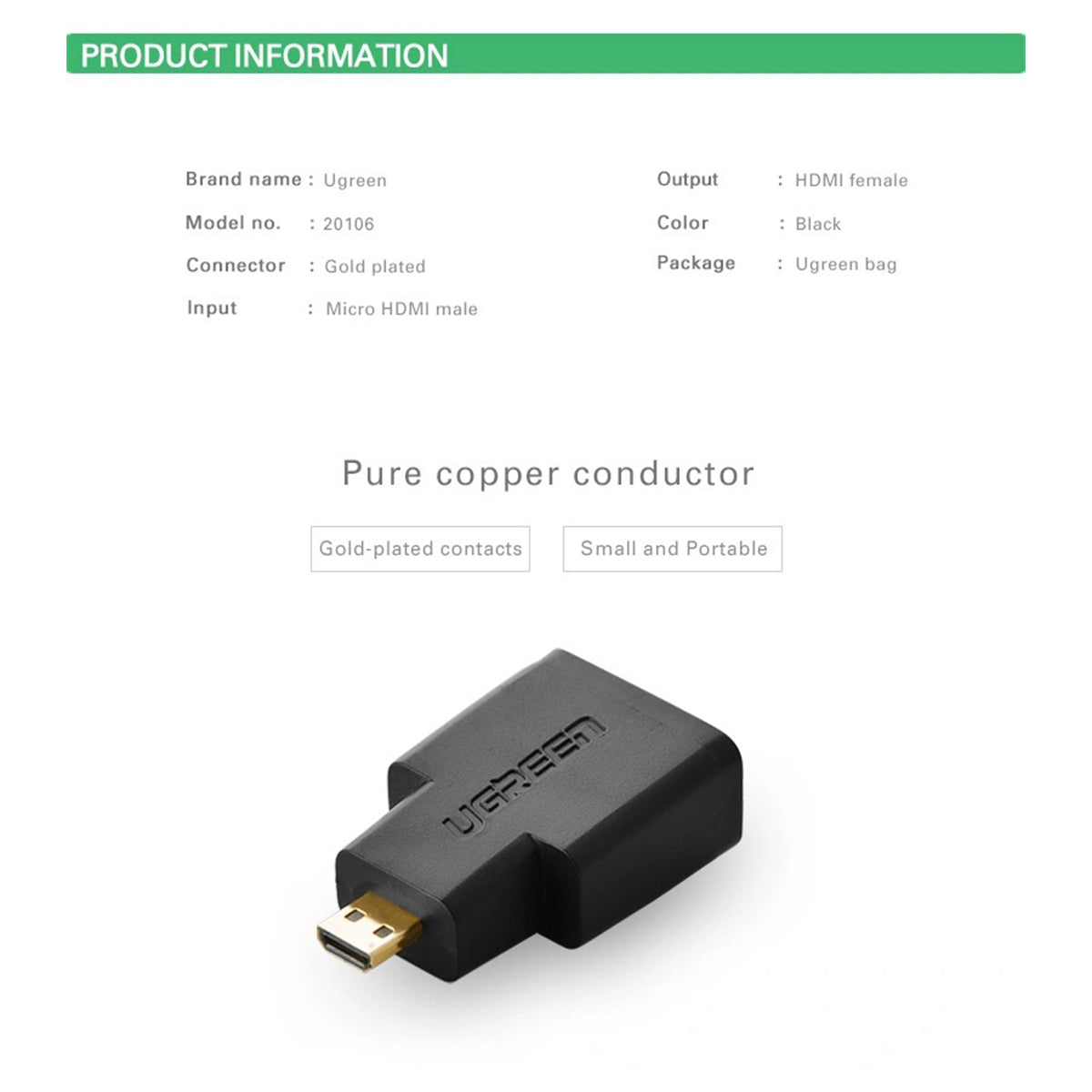 Ugreen Micro HDMI Male to HDMI Female Adapter (Black) (20106/20106)