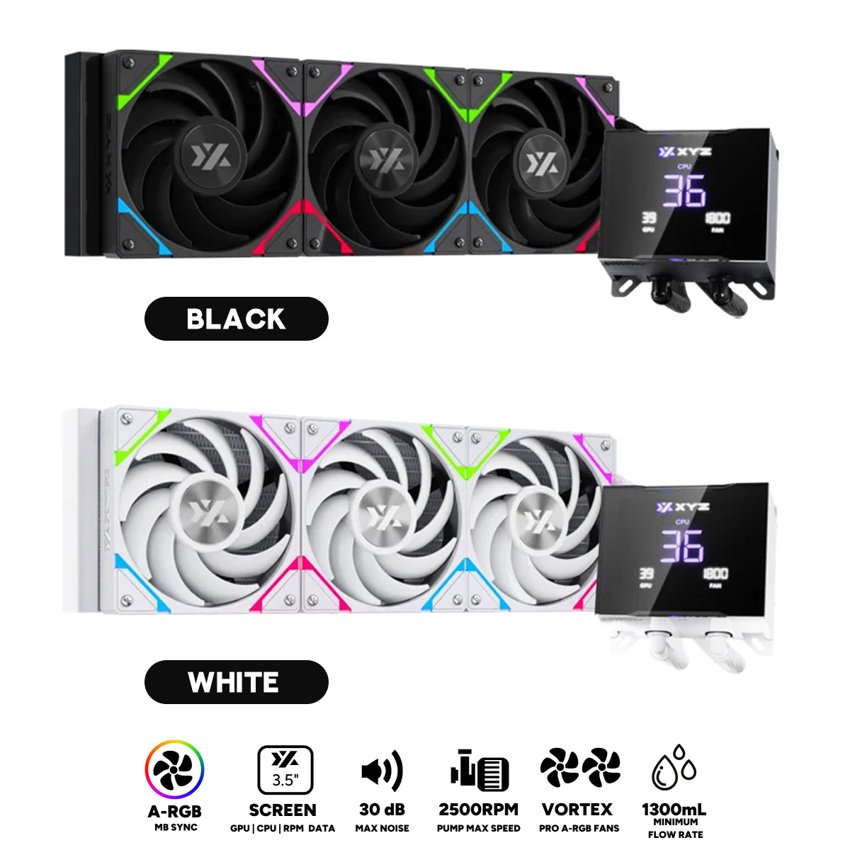 XYZ HydroTemp 360 ARGB Liquid Cooler with Temperature Display (Black, White)