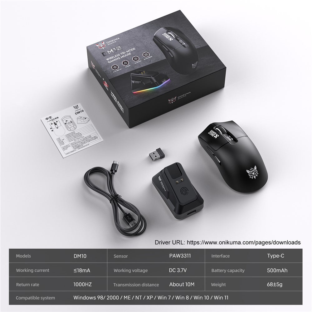 Onikuma DM10 Tri-Mode RGB Wireless Gaming Mouse