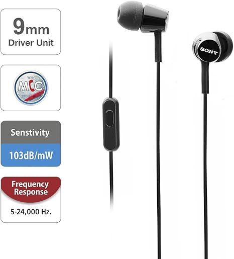 Sony MDR-EX155AP/B Wired In-Ear Headphones | 9mm Noise Isolation (Black)