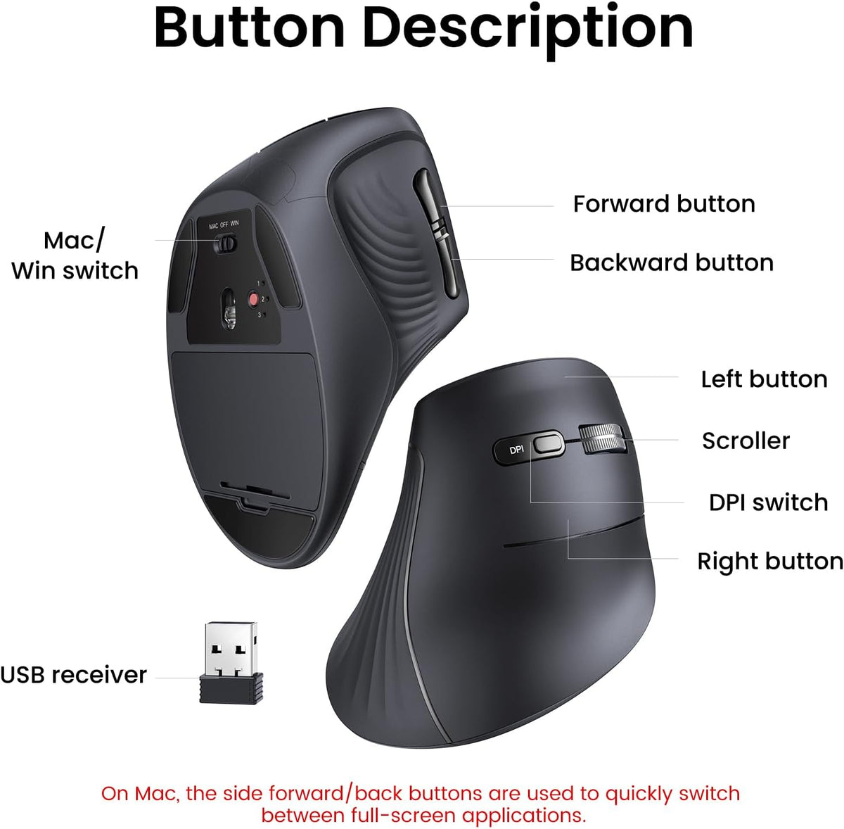 Ugreen Multi-Mode 4000DPI Wireless Vertical Mouse (Black, White)