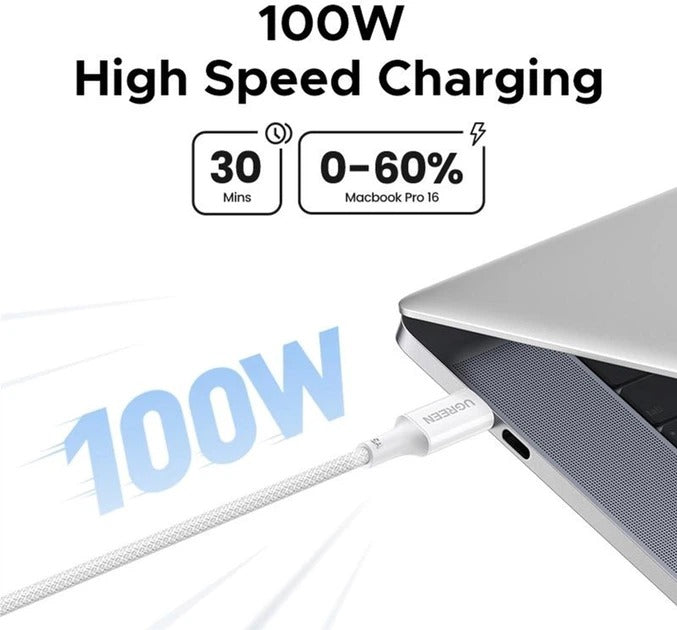 Ugreen USB-C to USB-C 5A/100W PD Fast Charging Braided Cable - 2m (White) (L502/35221)