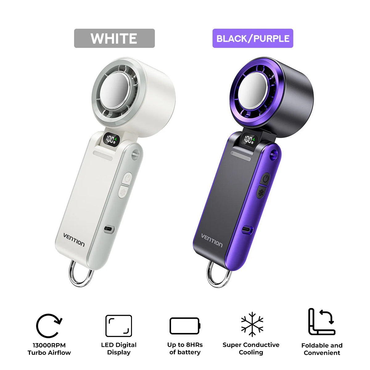 Vention Handheld Foldable High-Speed Cooling Fan (White, Black/Purple) (PBCW0, PBDV0)