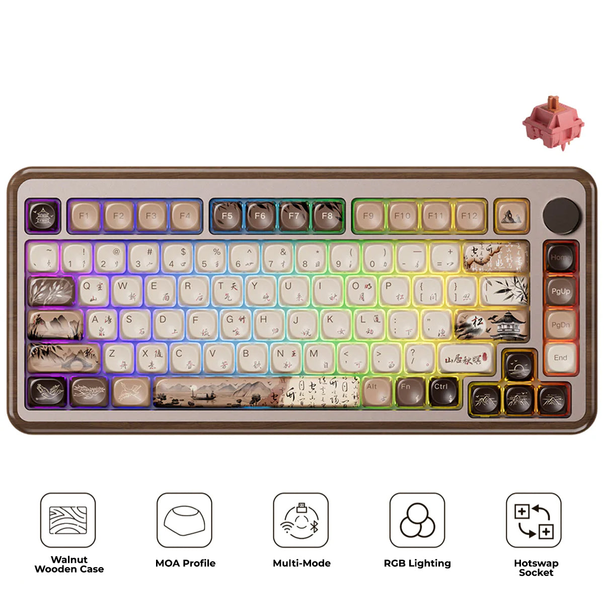 Akko MU02 Mountain Seclusion Walnut Wood Case Multi-Mode RGB Hot-Swappable Mechanical Keyboard (Akko Rosewood Switch)