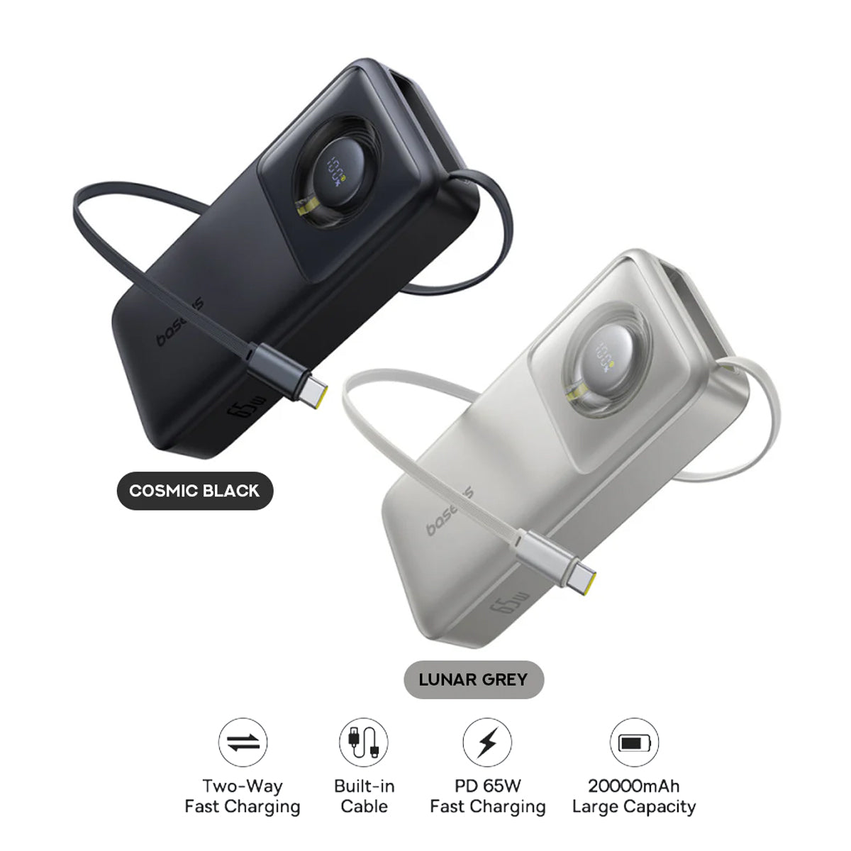 Baseus Free2Pull Power Bank 20000mAh 65W with Retractable USB-C Cable (Cluster Black, Lunar Grey)