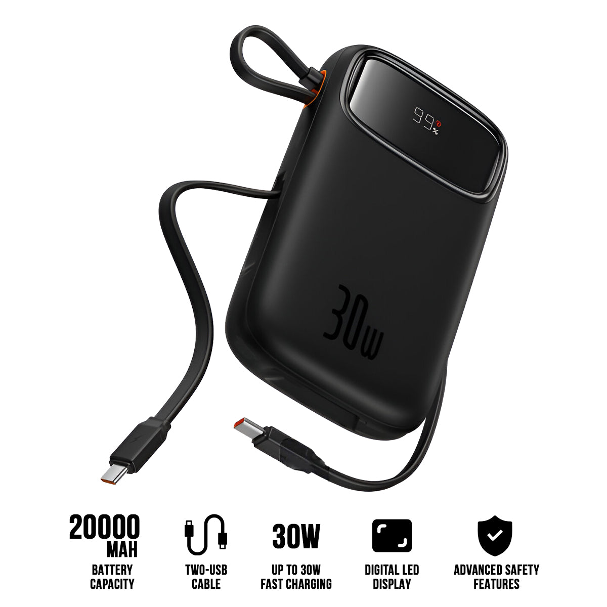 Baseus QPow 2 Digital Display Fast-Charging Power Bank with 2 Built-in Type-C Cable 20000mAh 30W (Cluster Black) (P10055009113-00)