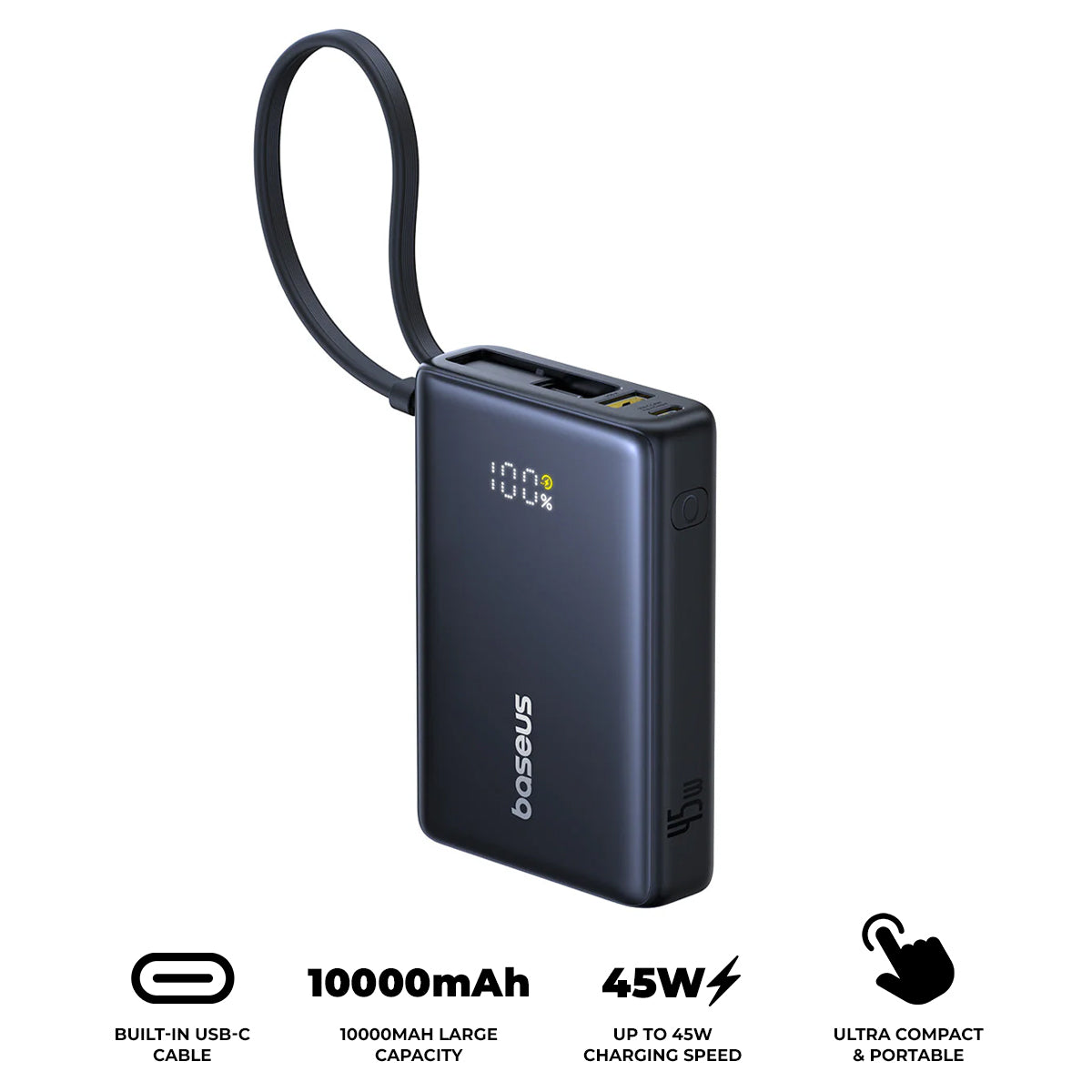 Baseus PicoGo Digital Display Power Bank 10000mAh 45W with Built-in USB-C Cable (Cosmic Black)