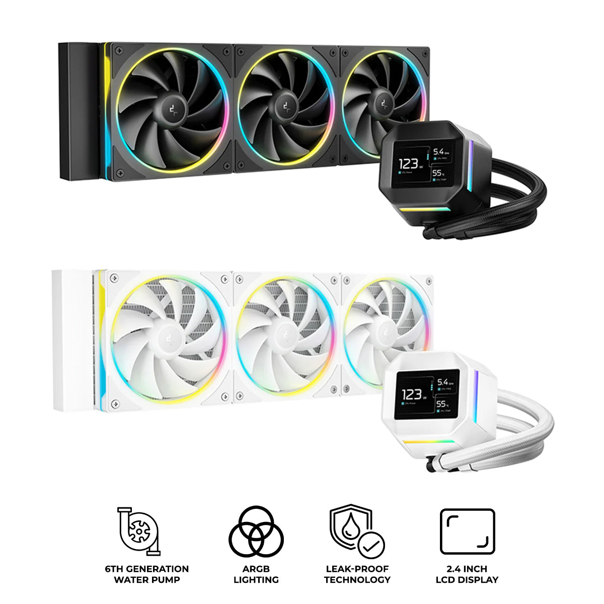 DeepCool LM360 360mm 6th Gen ARGB Liquid Cooler with 2.4" LCD Screen (Black, White) (R-LM360-BKDMMC-1, R-LM360-WHDMMC-1)