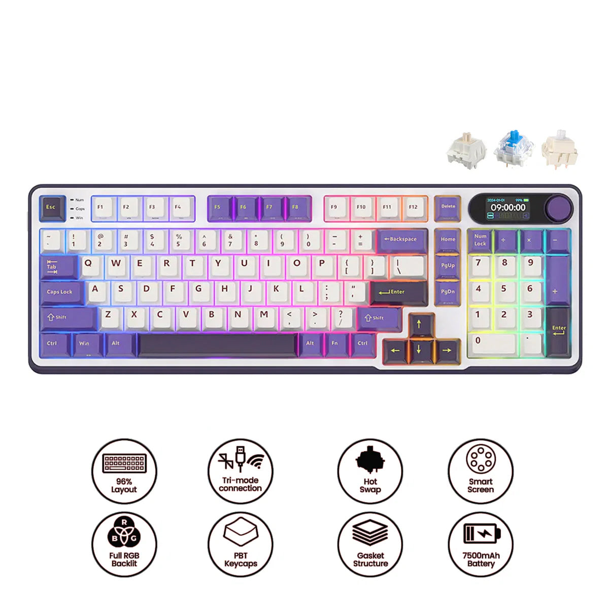 Royal Kludge RK-S98 Tri-Mode RGB 98 Keys Hot Swappable Mechanical Keyboard Blackberry Mousse (Chartreuse Switch, Blue Switch, Beige Switch)