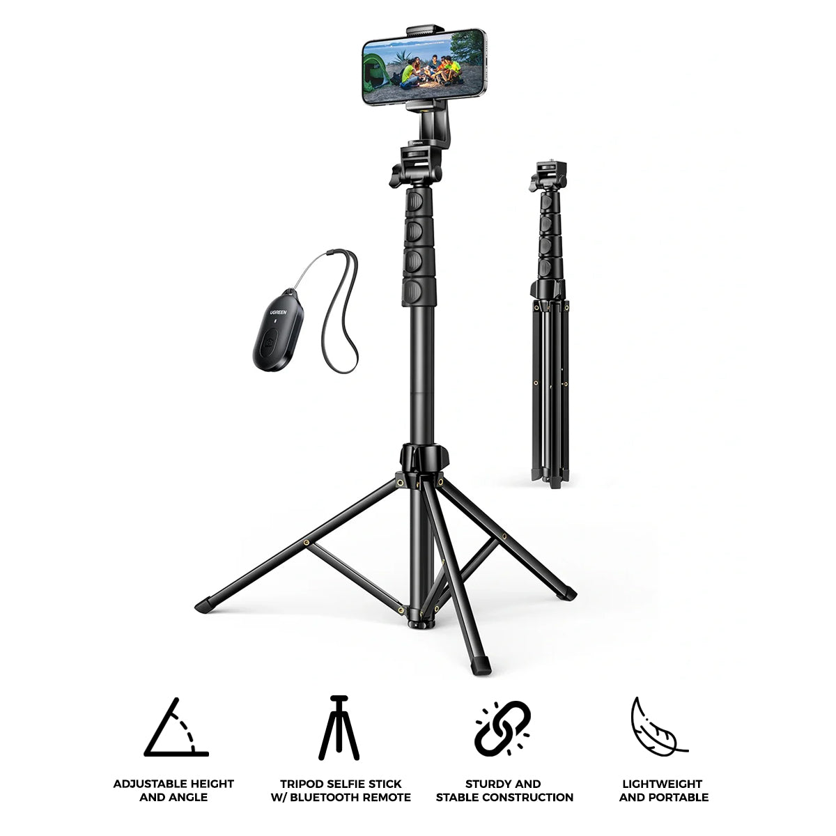 Ugreen Selfie Stick Tripod with Bluetooth Remote - 1.7m (Black) (LP680/15609)
