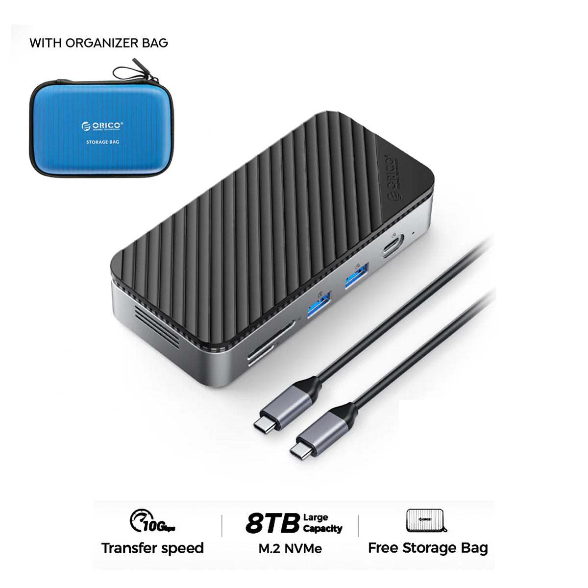 Orico M2P7 9-Port Docking Station with M.2 NVMe SSD Enclosure (Black) w/ Organizer Bag