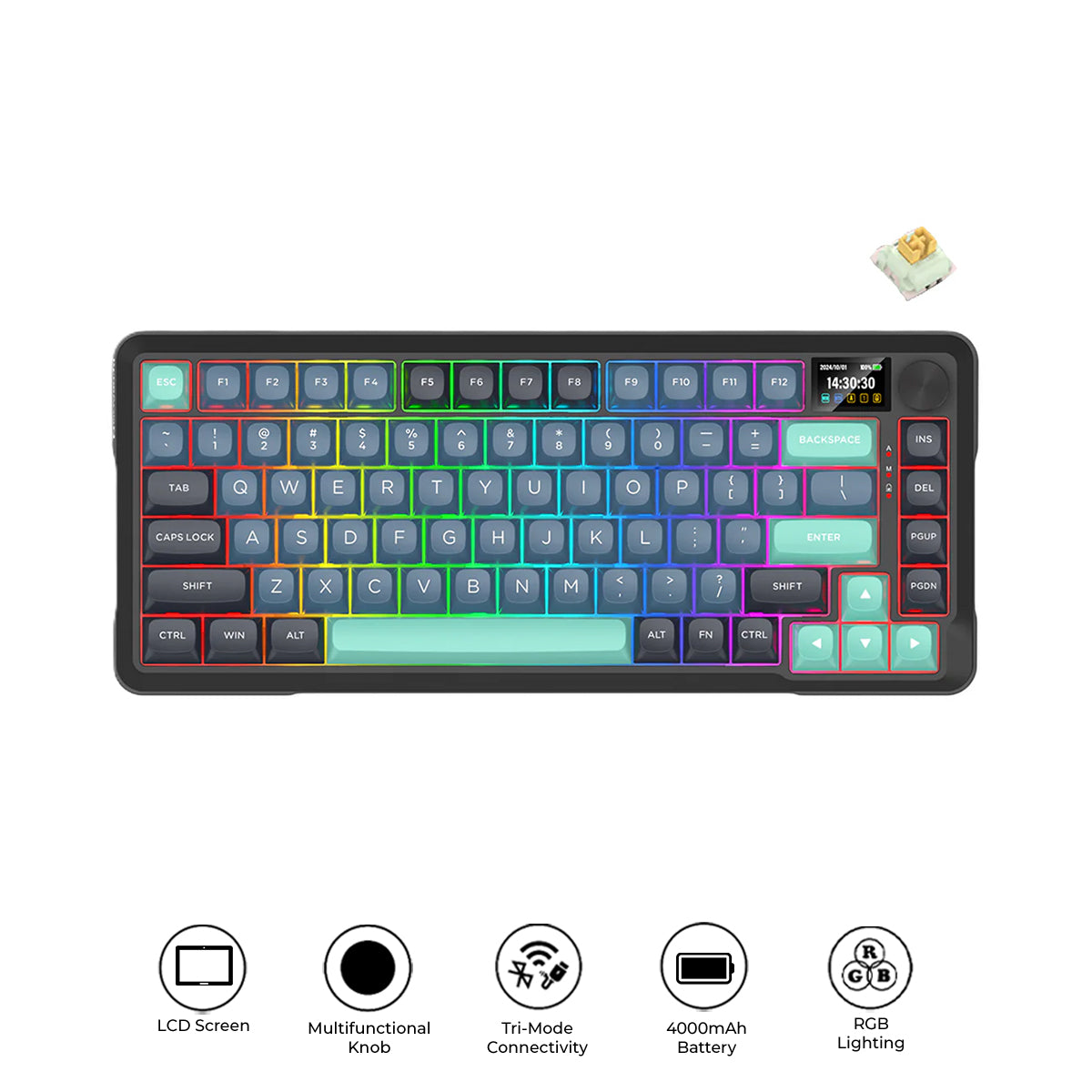 Redragon Behemoth K724GBG-RGB-PRO Tri-Mode Gasket Mounted Mechanical Keyboard with LCD Screen (Grey/Blue/Green) (Yolk RPC Linear Switch)