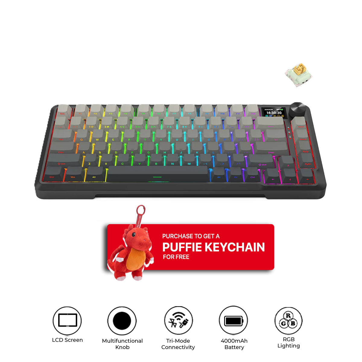 Redragon Behemoth K724SP-RGB-PRO Tri-Mode Gasket Mounted Mechanical Keyboard with LCD Screen (Gradient Grey) (Yolk RPC Linear Switch)