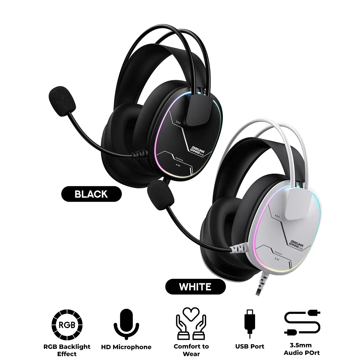 Onikuma X91 RGB Lightweight Gaming Headphone with Microphone (Black, Black/White)