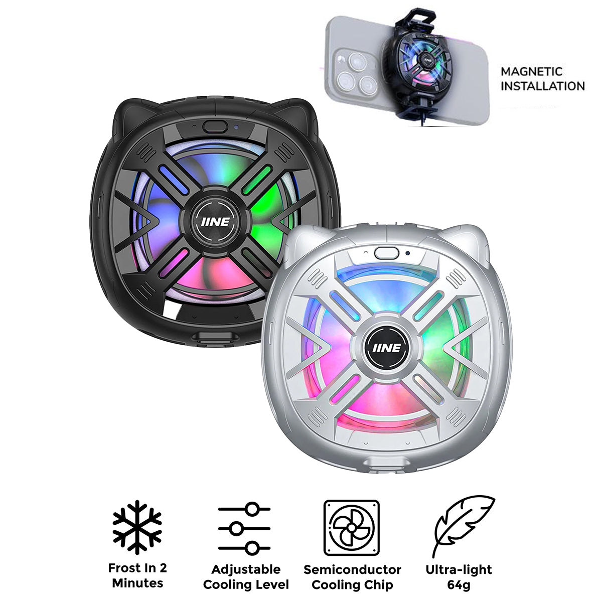 IINE Chill Meow Magnetic RGB Cooling Fan (Black, Silver) (L1060, L1059)